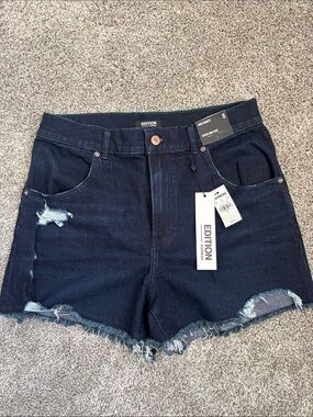 Express Women’s Super High Rise Mom Shorts Destroyed Denim